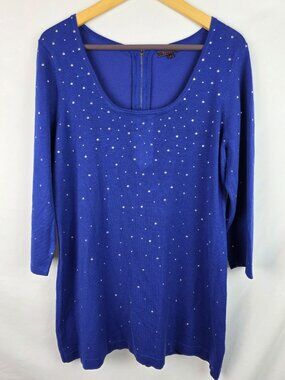 Fontana Sweater Womens Size XL Blue Embellished Studs 3/4 Sleeve Knit Tunic Top